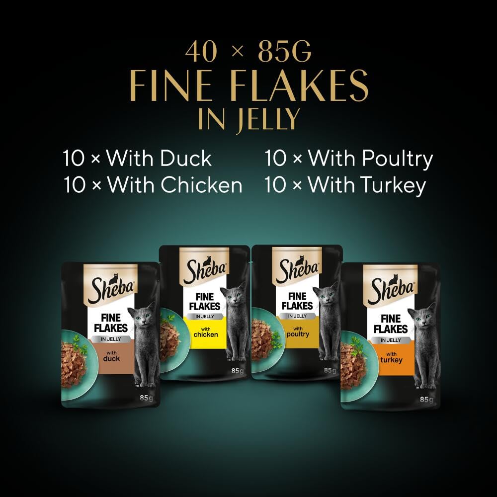 Sheba Fine Flakes in Jelly – Poultry Collection – Wet cat food pouches for adult cats – 40x85g pack
