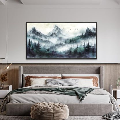 Wapluam Large Canvas Wall Art For Living Room Modern Wall Decor For Bedroom Trees Landscape Painting Foggy Forest Pictures Mountain Nature Art Canvas Prints Office Home Decor Black Framed 40x20