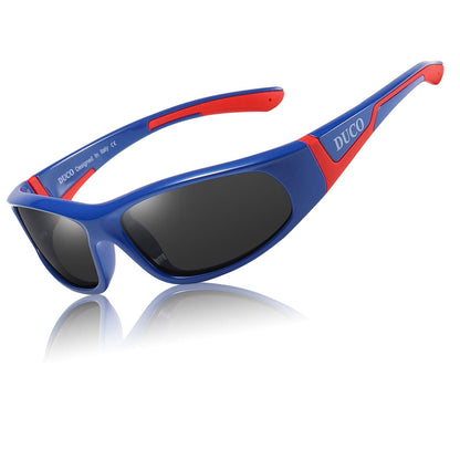 DUCO Kids Sports Style Polarised Sunglasses Rubber Flexible Frame For Boys Girls Baby and Children K001 (Blue Red 001 For Age 3-10)