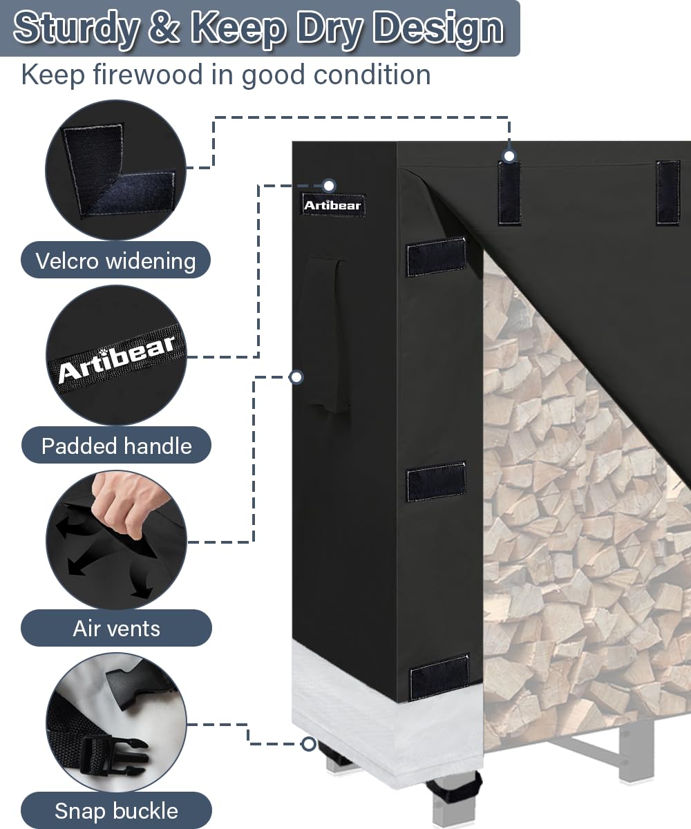 Artibear 4FT Firewood Rack Outdoor with Black Cover, bundle 28In Indoor Fireplace Log Holder with Carrier Bag