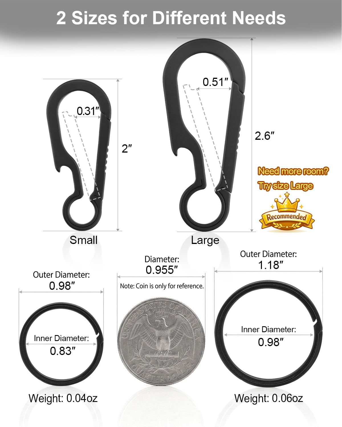 PJYTAC Titanium Carabiner Keychain Clip with Key Rings 2/2.6 Inch Small Carabiner Clips Black Heavy Duty Key Holder Quick Release Key Chain for Keys Bottle Opener Valentines Day Gift for Him Men