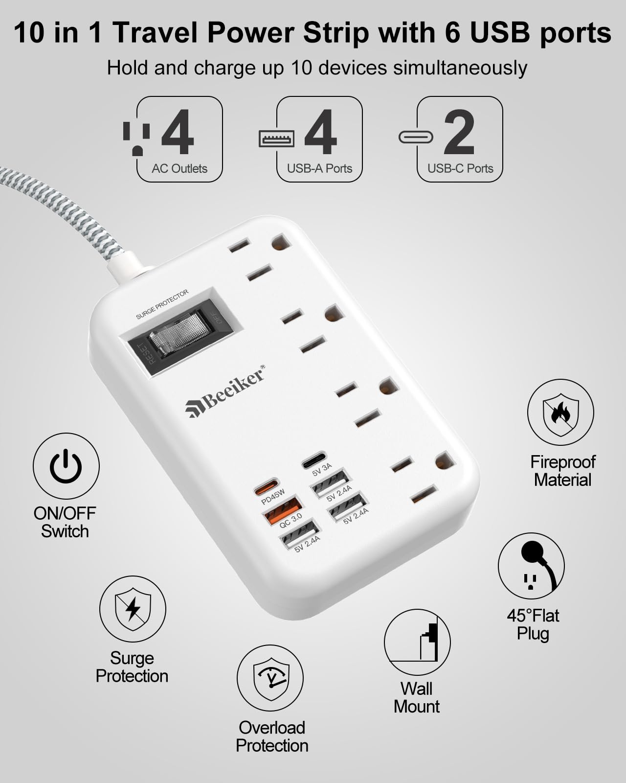 6 USB(2 USB C) Purple Travel Power Strip- 5Ft Lavender Extension Cord with 24W USB Charging Station and 4 Outlets, Purple Desk Accessories with Surge Protector for Cute Kawaii Office Dorm Room