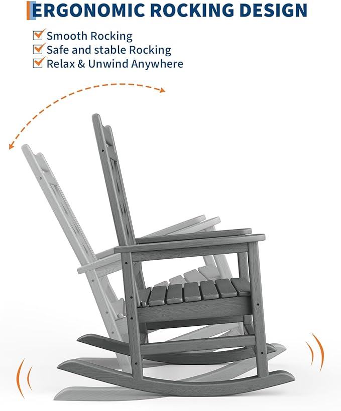 GarveeLife Outdoor Rocking Chair Set of 6, HDPE Weather Resistant Patio Rocking Chair Porch Rocker with Wood Texture & 380 LBS Support for Deck, Pool, Backyard, Gray