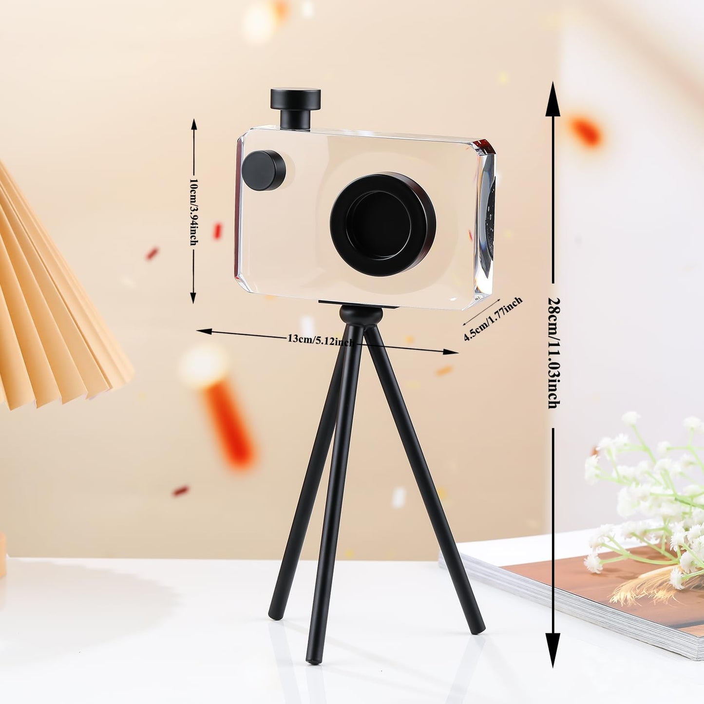 JOASURA Crystal Camera Model Statues- Small Black with Bracket 3.94x5.12inch 2.2LB,Camera Crafts Collectible Figurine Home Desktop Decoration