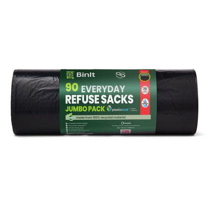 BinIt 90 Jumbo Pack Everyday 70L Eco-Friendly, Strong & Secure, Refuse Sacks, Bin Bags, Bin Liners, Recycled, Tear Resistant, 30 μm, Perfect for Everyday Household & Commercial Use
