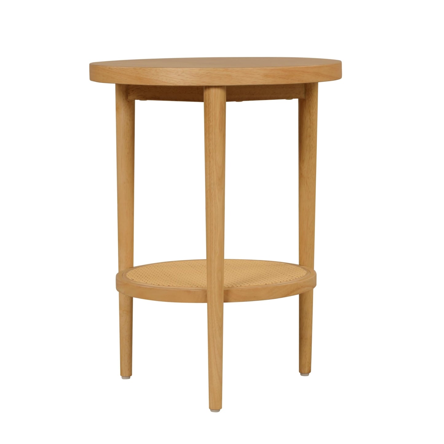 Nathan James Sonia Boho Round Accent End Table, Natural Sofa Side Table in Light Wood with Rattan Storage Shelf for Living Room, Bedroom or Nursery, Light Brown