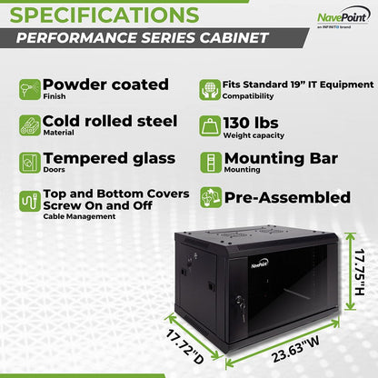 NavePoint 6U Server Cabinet Wall Mount Rack Enclosure Includes 2 Fans, Locking Glass Door, Removable Side Panels – 6U Network Cabinet 17.7” Deep, 19 Inch Server Rack for IT and A/V Equipment