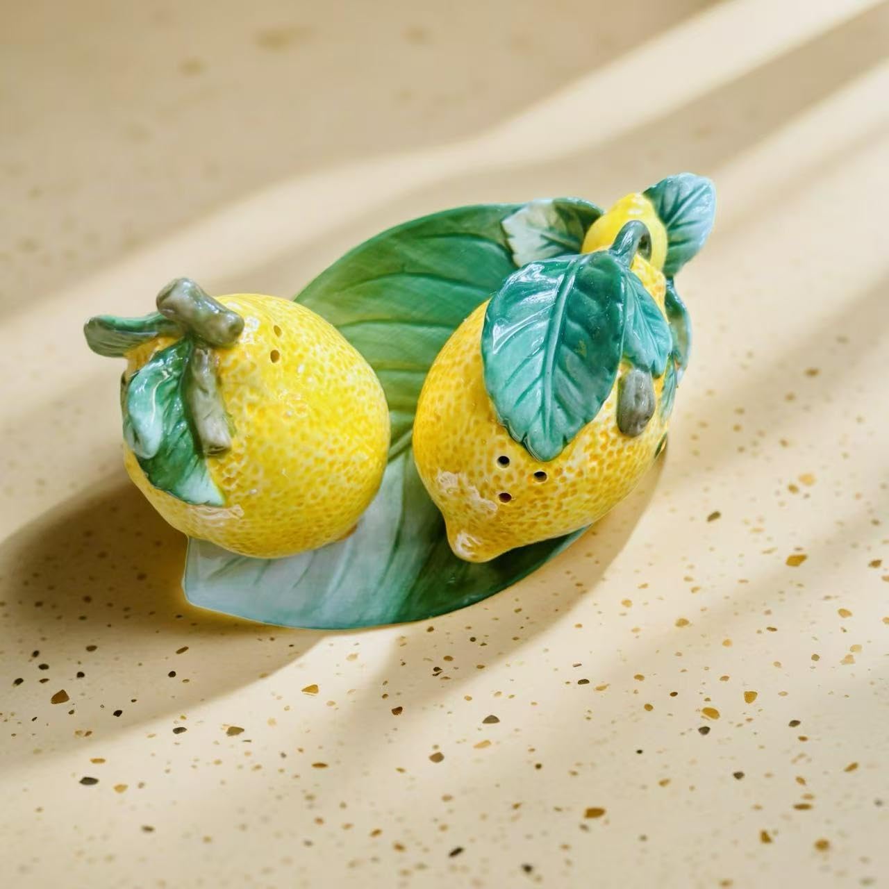 Pehost Ceramic Lemon Salt and Pepper Shaker Set with Tray, 3-Piece Kitchen Decor, Yellow and Green