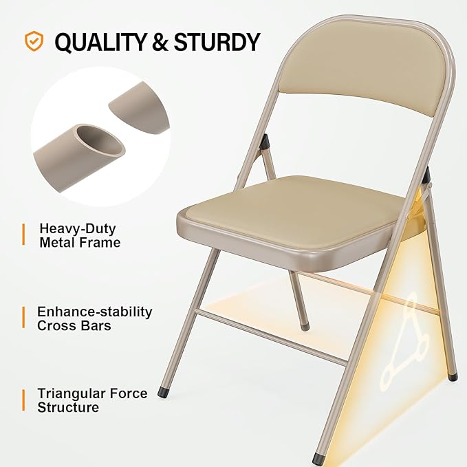 VINGLI 8 Pack Folding Chairs with Padded Seats, Metal Frame with Pu Leather Seat & Back, Capacity 350 lbs, Set of 8, Khaki