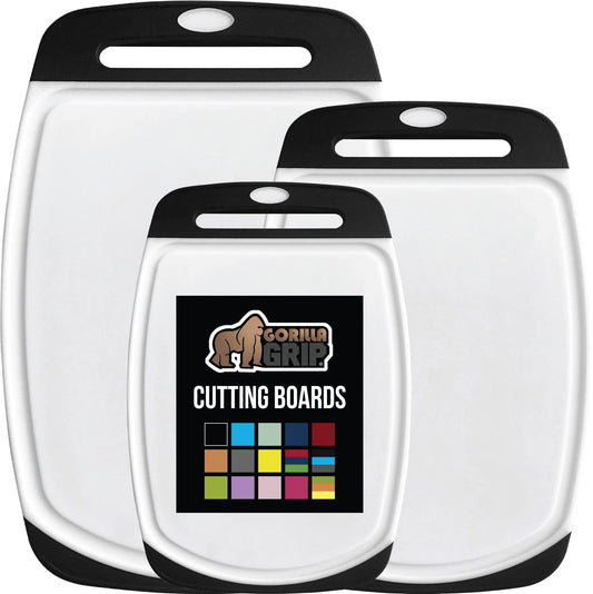GORILLA GRIP BPA-Free Reversible Kitchen Cutting Board Set of 3, US Designed, Nonporous, Juice Grooves Catch Liquid, Slip Resistant Border, Dishwasher Safe, Durable Large Food Chopping Boards, Black