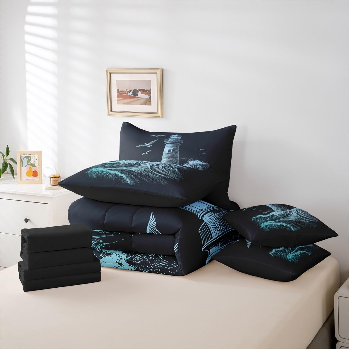 Erosebridal Boys Nautical Comforter Set Men Lighthouse Bed in A Bag Full Size 7 Pieces Ocean Wave Bed Set Surfing Coastal Bedding