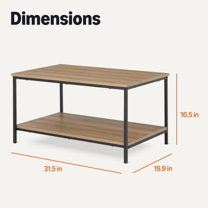 Amazon Basics Rectangular Coffee Table with Bottom Shelf, Living Room Center Table, Wooden, 19.9" D x 31.5" W x 16.5" H