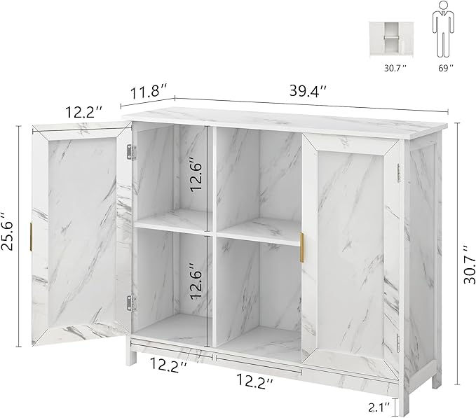 TaoHFE Marble Top Narrow Sideboard Cabinet, Modern White Marble Side Buffet