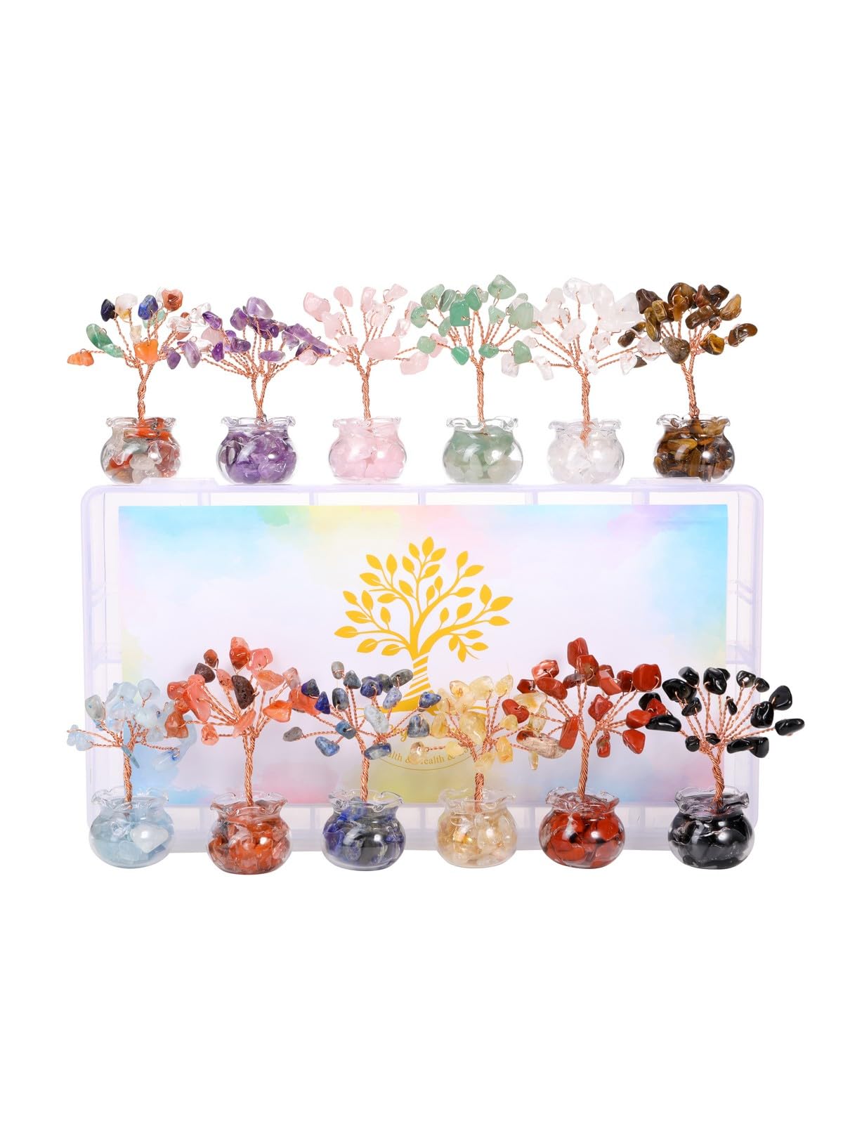 Jovivi 12pcs Chakra Crystal Tree Set Tree of Life Gemstone Money Trees with Glass Base,Natural Healing Crystals and Stones for Positive Energy Good Luck Home Office Decor for Women Mom Birthday Gifts