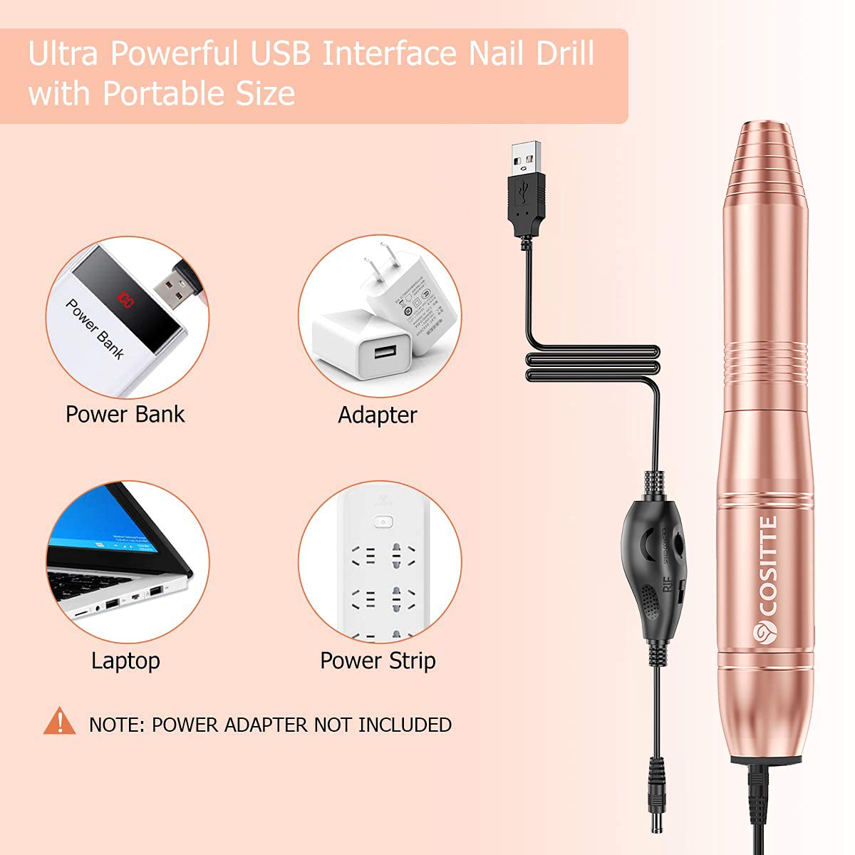 Electric Nail Drill,USB Electric Nail Drill Machine for Acrylic Nail Kit,Portable Electric Nail File Polishing Tool Manicure Pedicure Kit Efile Nail Supplies for Home Salon,Pink