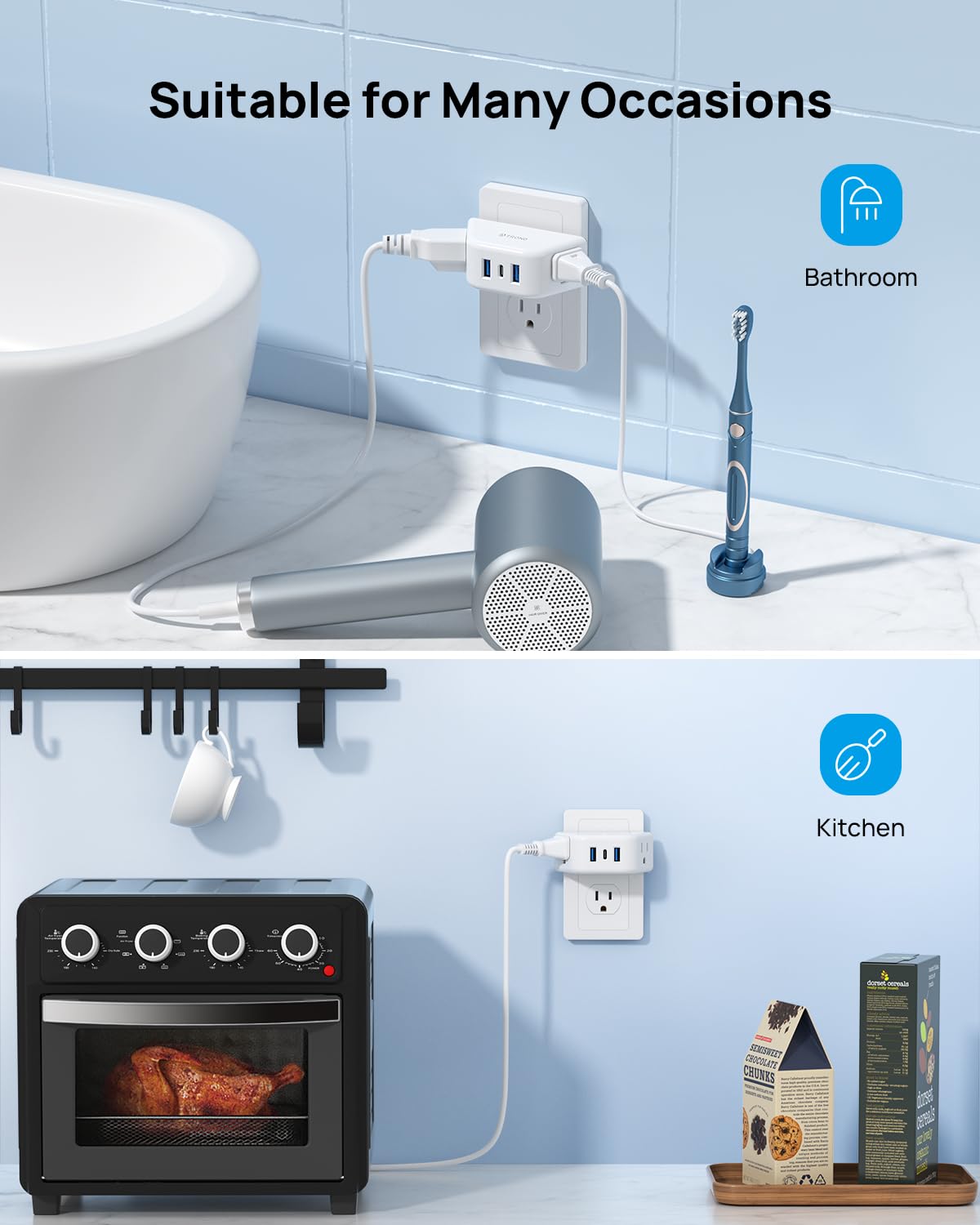 TROND Multi Plug Outlet Extender 2 Pack - Electrical Wall Splitter, 3 Way Angled Wall Outlet Adapter, Cruise Essentials, Small Multiple Plug Expander for Cruise Ship Home Office Dorm Room, White