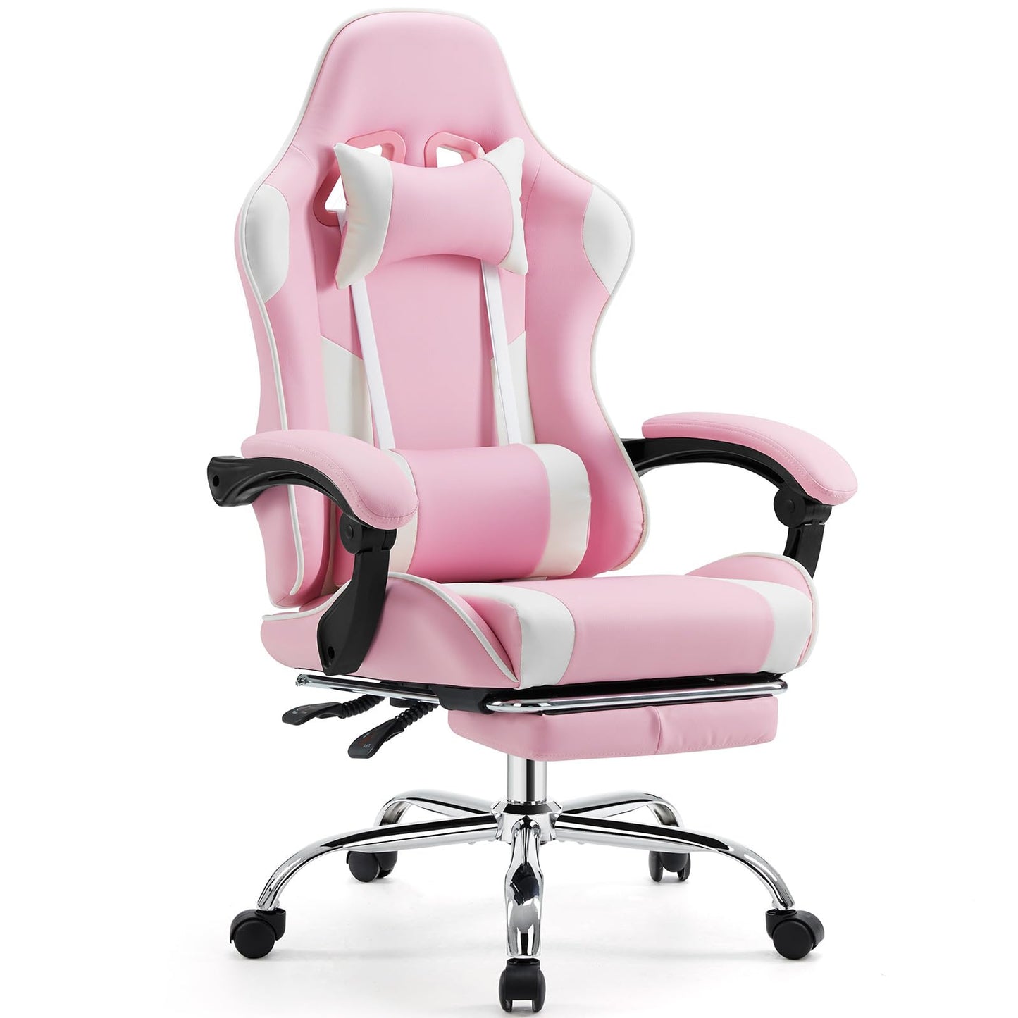 Sweetcrispy Video Game Desk Chair - Ergonomic Computer with Footrest and Comfy Lumbar Support, PU Leather Recliner with Headrest, Fixed Up Armrest, Height Adjustable with 360° Swivel, for Adults, Pink