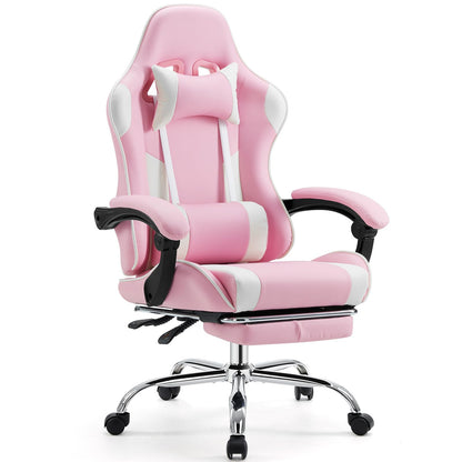Sweetcrispy Video Game Desk Chair - Ergonomic Computer with Footrest and Comfy Lumbar Support, PU Leather Recliner with Headrest, Fixed Up Armrest, Height Adjustable with 360° Swivel, for Adults, Pink