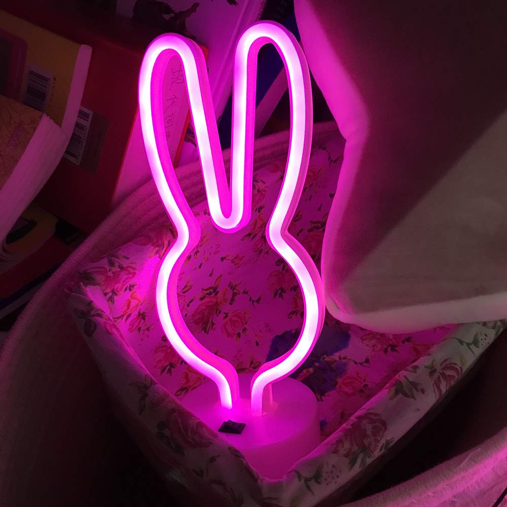 BAILEY Rabbit Ears Neon Sign,Easter Bunny Rabbit LED Lights with Holder Base,USB or 3-AA Battery Powered Neon Light of Business Premises for Christmas Easter Party Holiday Night Bedroom Gifts (Pink)