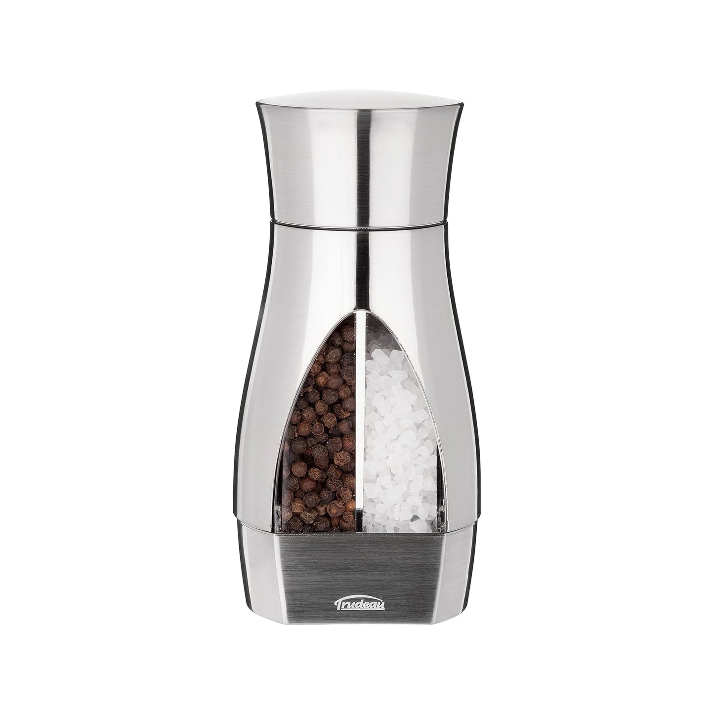 Trudeau Stainless Steel Manual 2-in-1 Salt and Pepper Mill - 7.5-Inch Space-Saving Grinder with Durable Carbon Steel Pepper Grinder and Rust-Proof Ceramic Salt Grinder - Adjustable Grind Settings