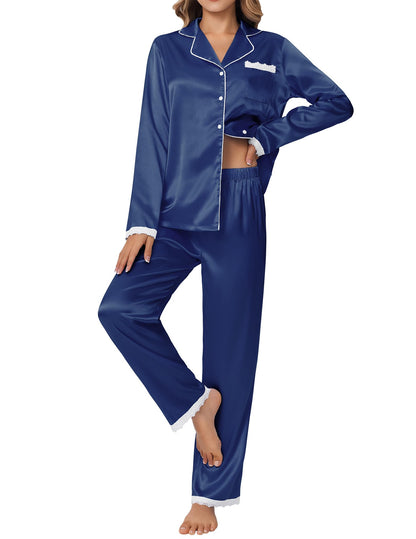 Ekouaer Satin Pajamas for Women Silk Long Sleeve Sleepwear Button Down Loungewear 2 Pieces Lace Soft Pjs Set