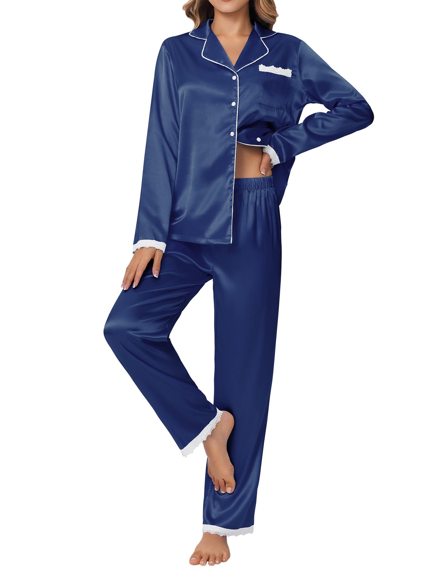 Ekouaer Satin Pajamas for Women Silk Long Sleeve Sleepwear Button Down Loungewear 2 Pieces Lace Soft Pjs Set