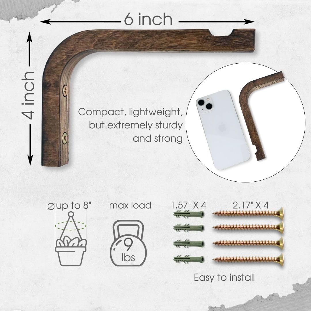 EvenWood 2-Piece Set of Plant Hooks for Wall 6 Inch - Mounted Wooden Plant Hook - Indoor and Outdoor Bracket Plant Hanger for Planters, Lanterns, Bird Feeders, Patio Decorations (Walnut)