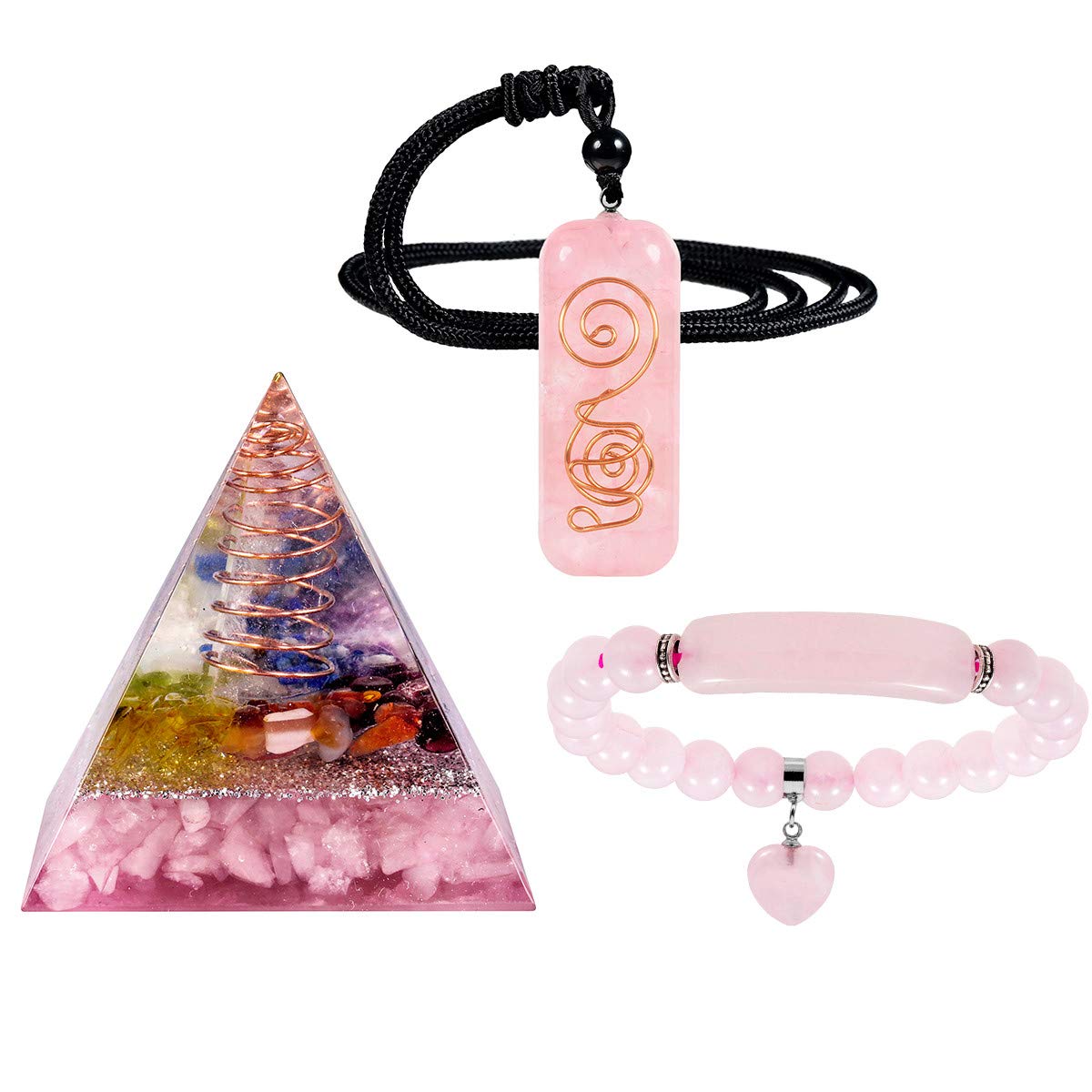 mookaitedecor Rose Quartz Crystal Healing Set of 3, Stone Orgone Pyramid & Stone Pendant & Bracelet Kits for Chakra Reiki Meditation Balancing