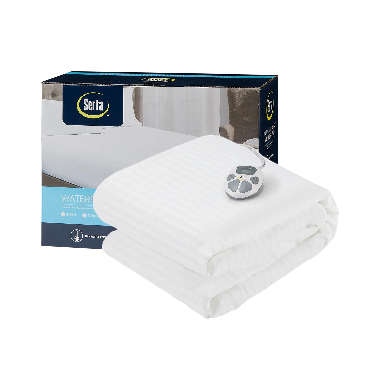 Serta Waterproof Heated Mattress Pad - Electric Bed Warmer with 10 Heat Settings, Auto Shut Off Timer, ETL Certified Electric Mattress Pad, Elastic Deep Pocket, Machine Washable, White Queen