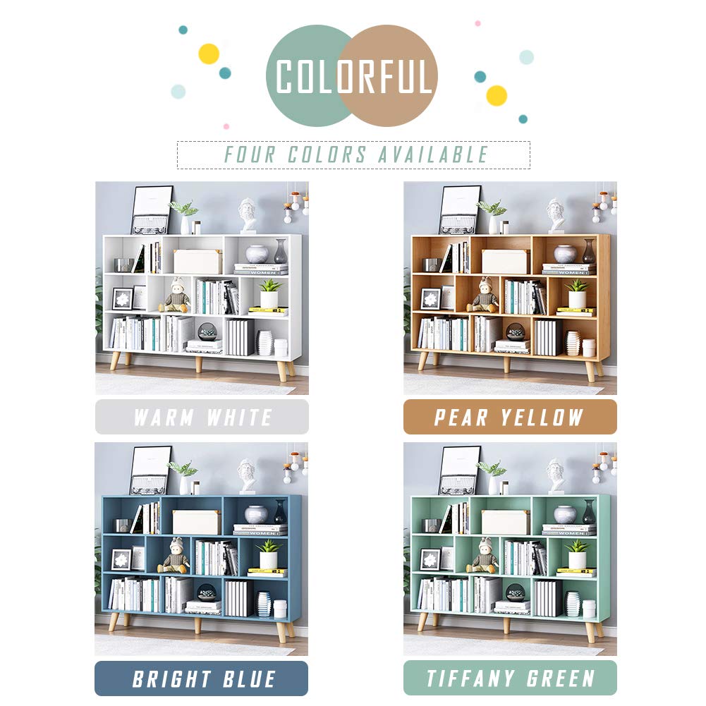 IOTXY Wooden Open Shelf Bookcase - 3-Tier Floor Standing Display Cabinet Rack with Legs, 10 Cubes Bookshelf, Bright Blue