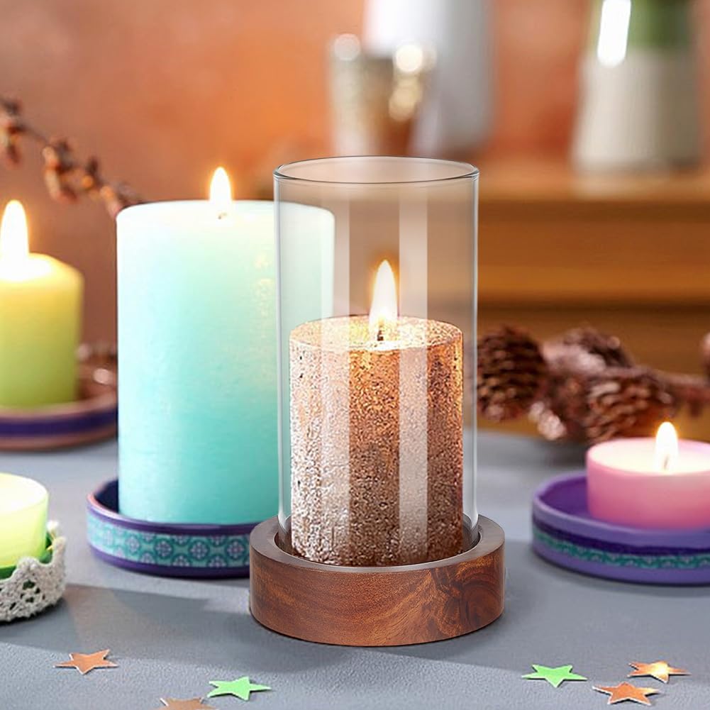 WEBEEDY 2 Sets Hurricane Glass Candle Holders Pillar Candle Holder with Wood Plate Base, Table Decorative, Holder Table Centerpieces for Wedding, Birthday Party, Christmas, Kitchen