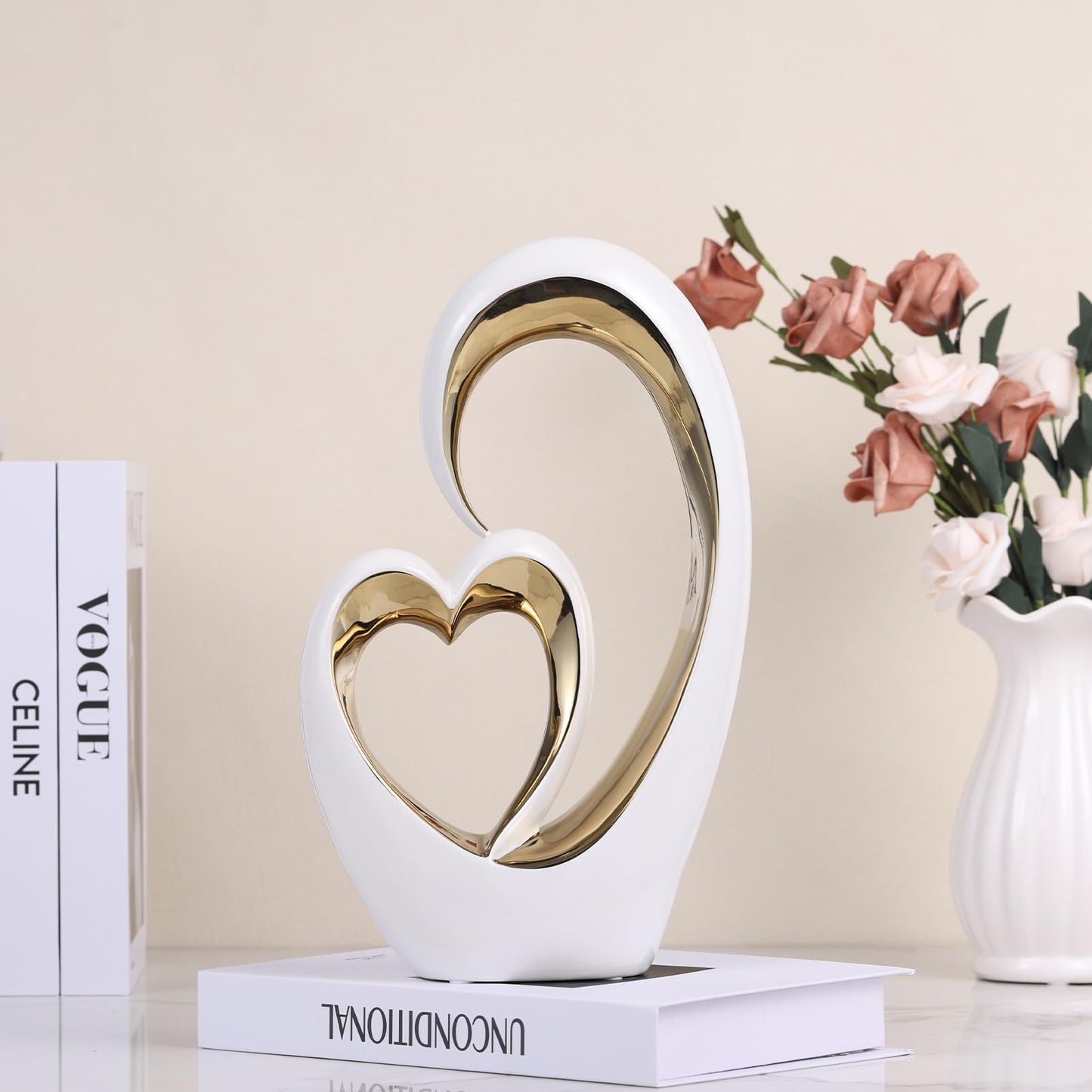 Oliruim White Gold Ceramic Heart Statues - Abstract Home Sculptures for Bedroom, Wedding, Valentine Decor & Gifts for Women