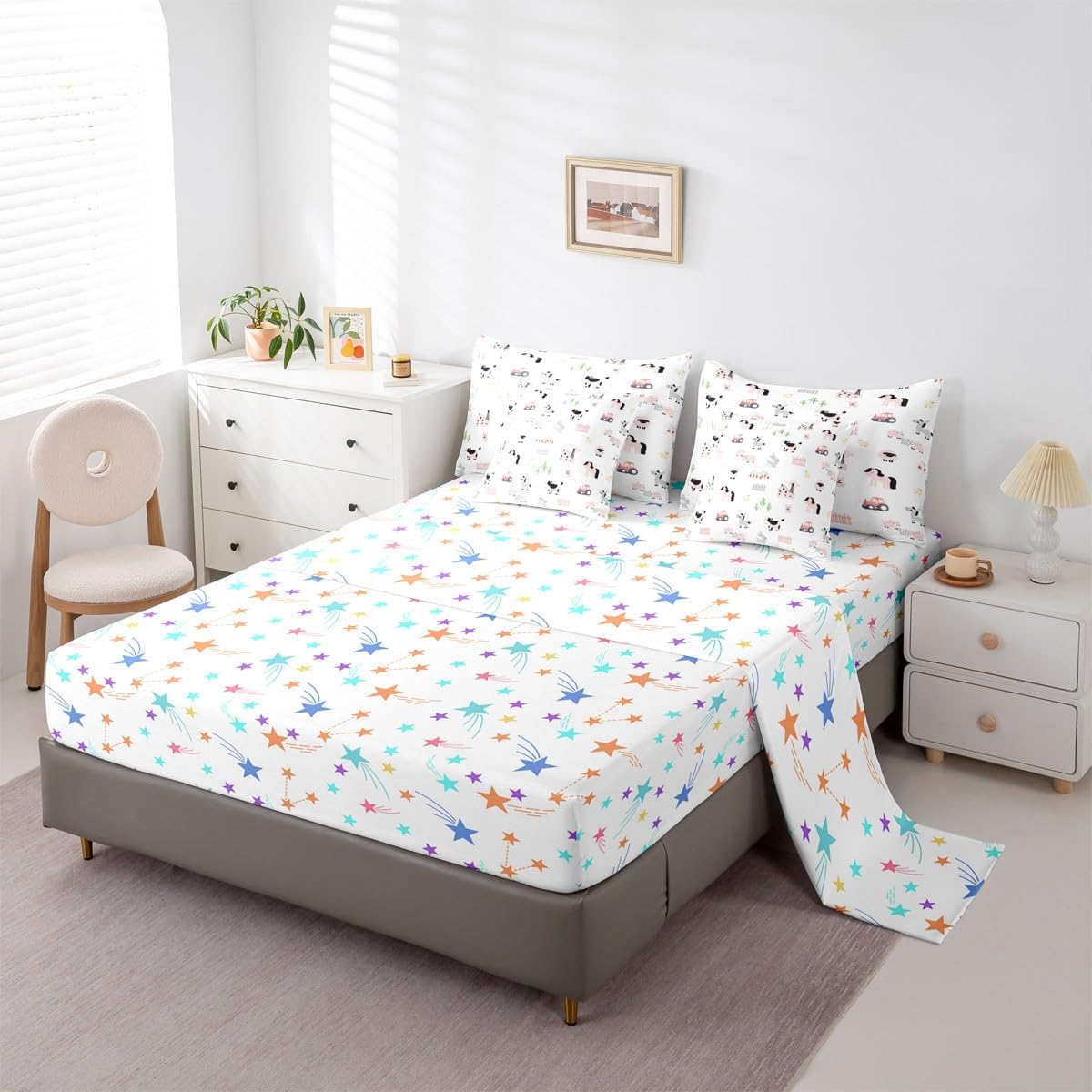 Erosebridal Cartoon Animals 7 Piece Bedding Set King Farm Comforter Set with Sheets Sheep Horse Rabbit Donkey Windmill Bed in a Bag Cow Tractor Duck Dog Pig for Kids Boys Girls