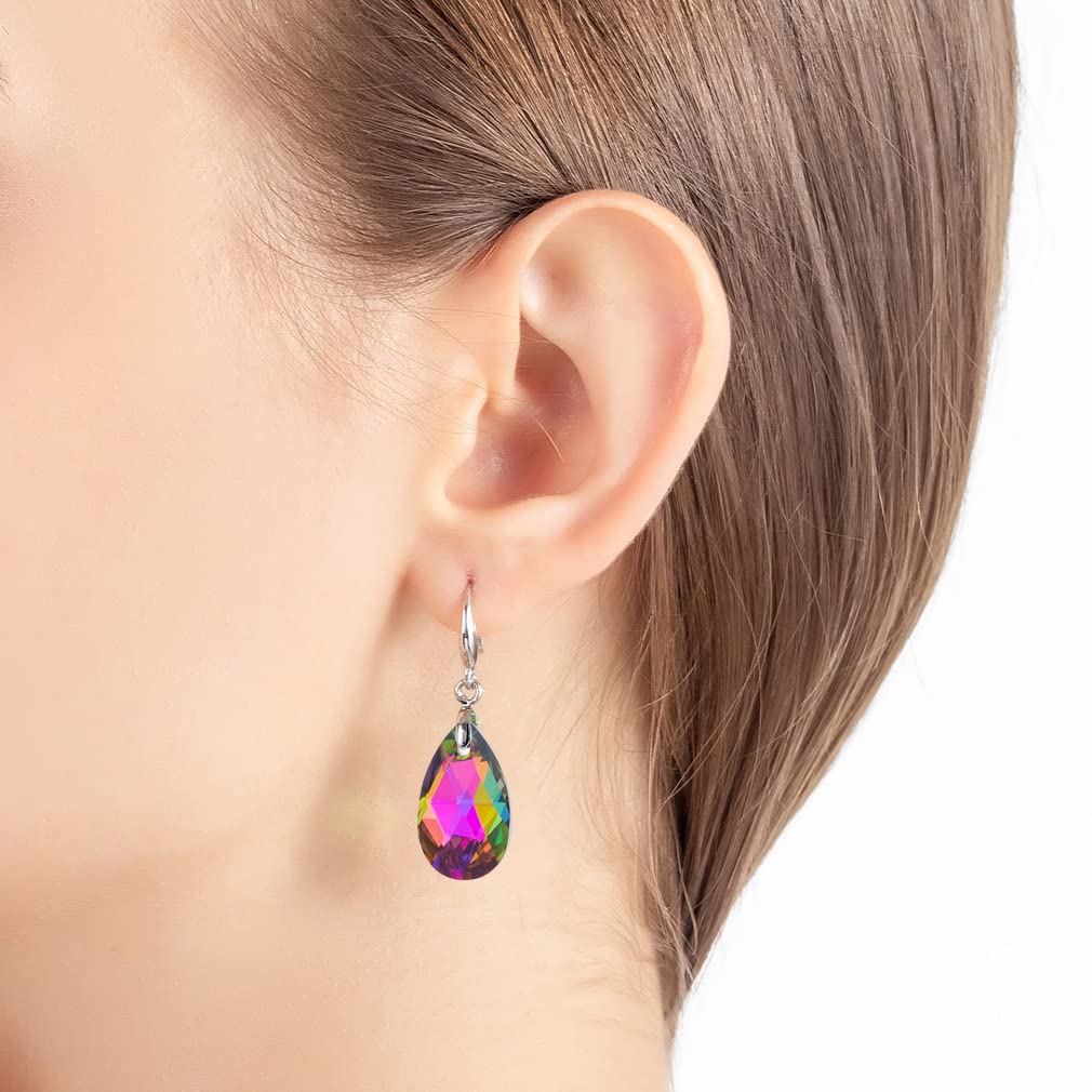 Austrian Crystal Teardrop Dangle Hook Earrings for Women 14K Gold Plated Hypoallergenic Jewelry (Vitrail Medium)