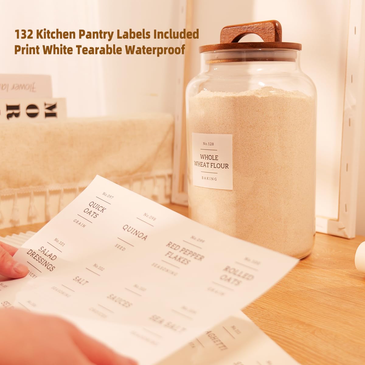 CZDYSM 2 Pack Large Glass Flour and Sugar Containers with 132 Pantry Labels - 1 Gallon Glass Canisters with Bamboo Airtight Lids - Farmhouse Glass Cookie Jars for Rice, Pasta, Cereal, Bath Salt