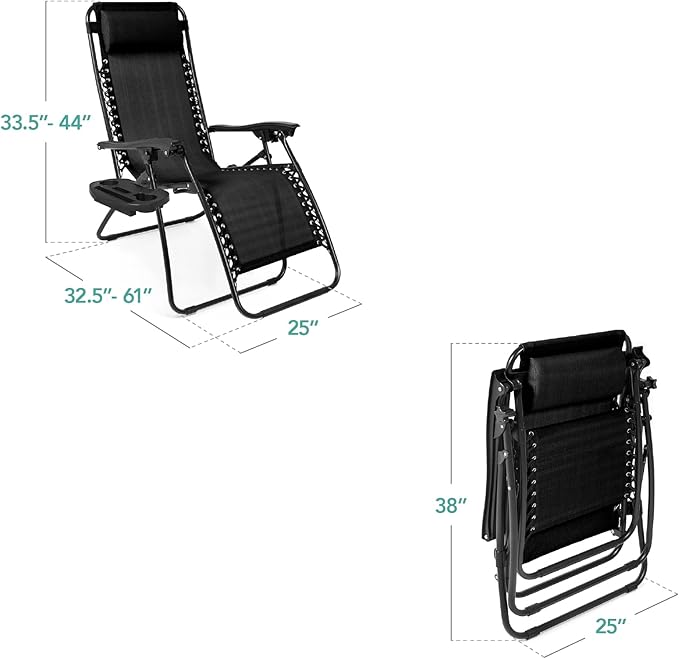 Best Choice Products Set of 2 Adjustable Steel Mesh Zero Gravity Lounge Chair Recliners w/Pillows and Cup Holder Trays - Black