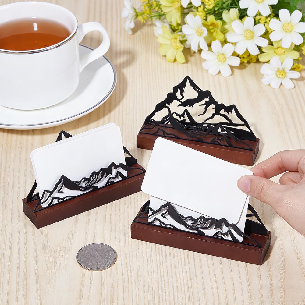 UNICRAFTALE 3Set Mountain Business Cards Holder Black Desktop Card Display Stand Holders Iron with Pine Wood Cards Stands 3x12.3x7.6cm Professional Card Organizer for Office Home