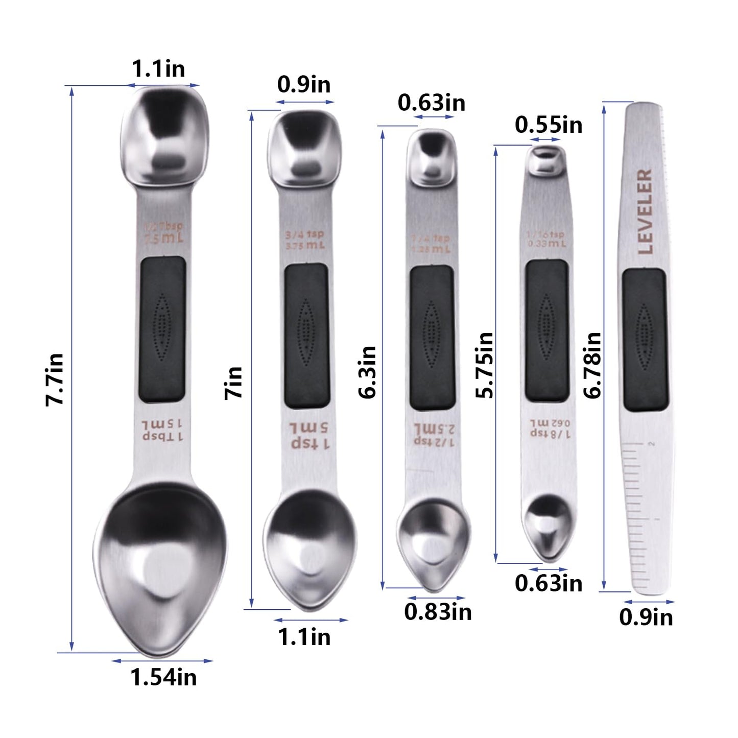 Stainless Steel Magnetic Measuring Spoons Set, Heavy Duty Metal Kitchen Gadgets for Baking & Cooking, Fits in Most Kitchen Spice Jars, Set of 4 with Leveler (Black)