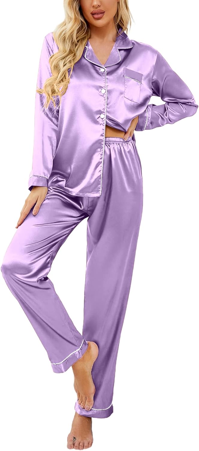 Ekouaer Women's Classic Button Down Long Satin Silk Pajama Set