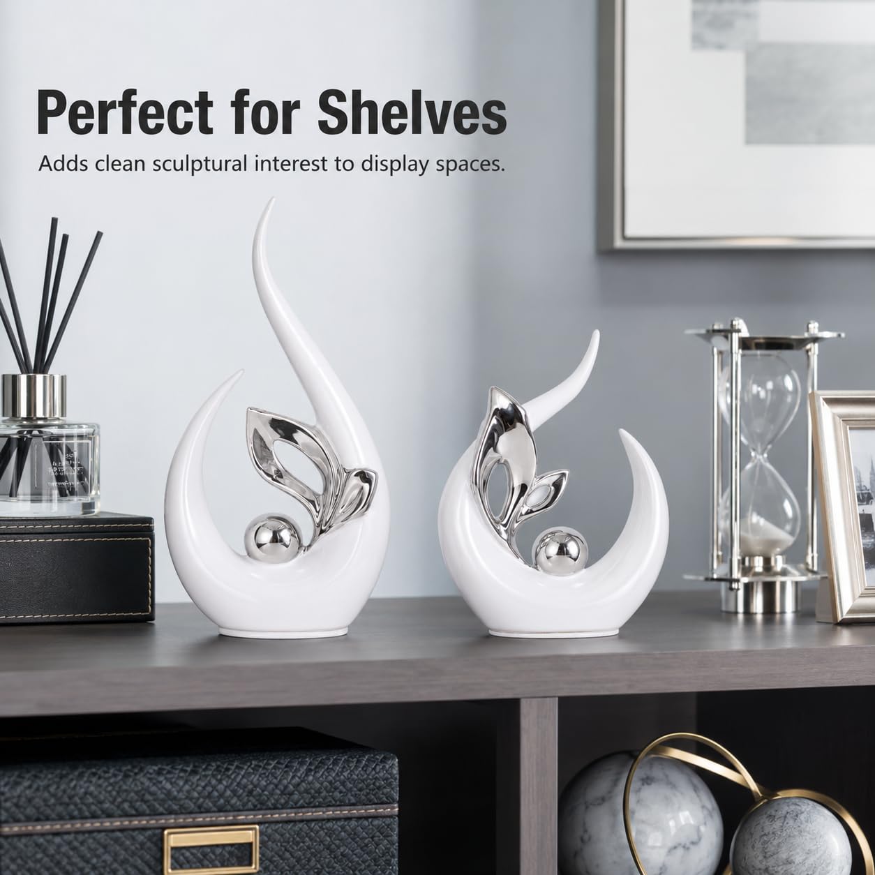 XMGZQ White and Silver Ceramic Statues for Home Décor Accents,Abstract Art Mid Century Modern Decor,Elegante Centerpiece Table Decorations,Sculpture for Entryway,Tv Stand,Mantel,Coffee Table
