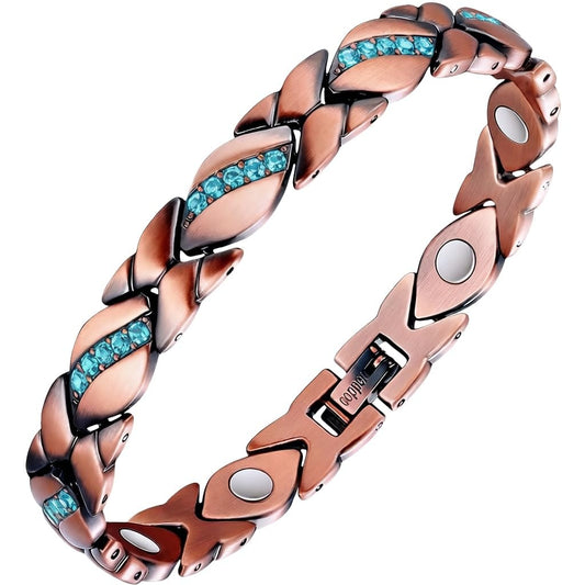 SCVIYRUN - Magnetic Copper Bracelets for Women - 99.99% Pure Copper Effective Magnetic Bracelets and easy 2 links for Mother (copper—Aquamarine-colored stones)