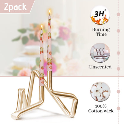 Baleagcdl Pink with Strawberry Prints Candlesticks Handmade Long Tapered Candles 10 Inch Drip Taper Candle for Wedding Home Holiday Decor Gifts - Set of 2