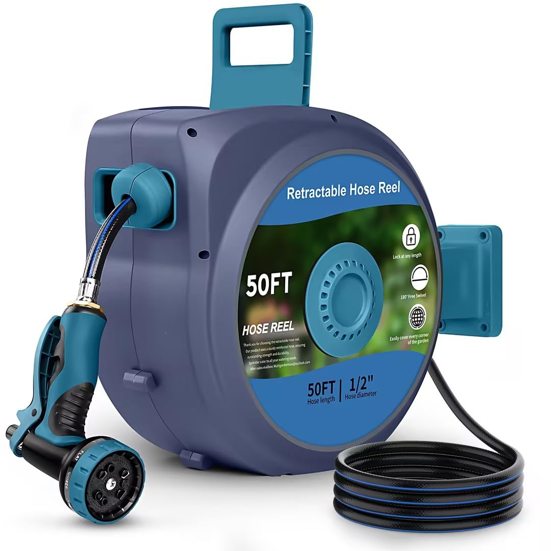 Tuzoc Retractable Garden Hose, Heavy Duty Wall-Mounted Hose Reel with 180° Swivel Bracket, Automatic Slow Return System with 10 Function Nozzle, Any Length Lock for outside Watering,Cleaning（50ft）
