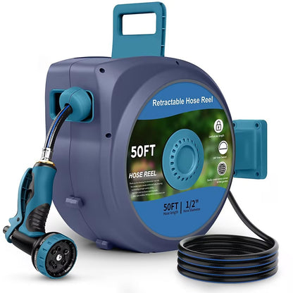 Tuzoc Retractable Garden Hose, Heavy Duty Wall-Mounted Hose Reel with 180° Swivel Bracket, Automatic Slow Return System with 10 Function Nozzle, Any Length Lock for outside Watering,Cleaning（50ft）