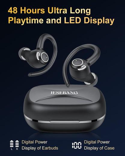 Jesebang Wireless Earbuds, Bluetooth 5.3 Headphones, 2024 Wireless Earphones HiFi Stereo Sound with ENC Mic, Sport Headsets in Ear EarHooks for Running, 40H Dual LED Display, IP7, Black