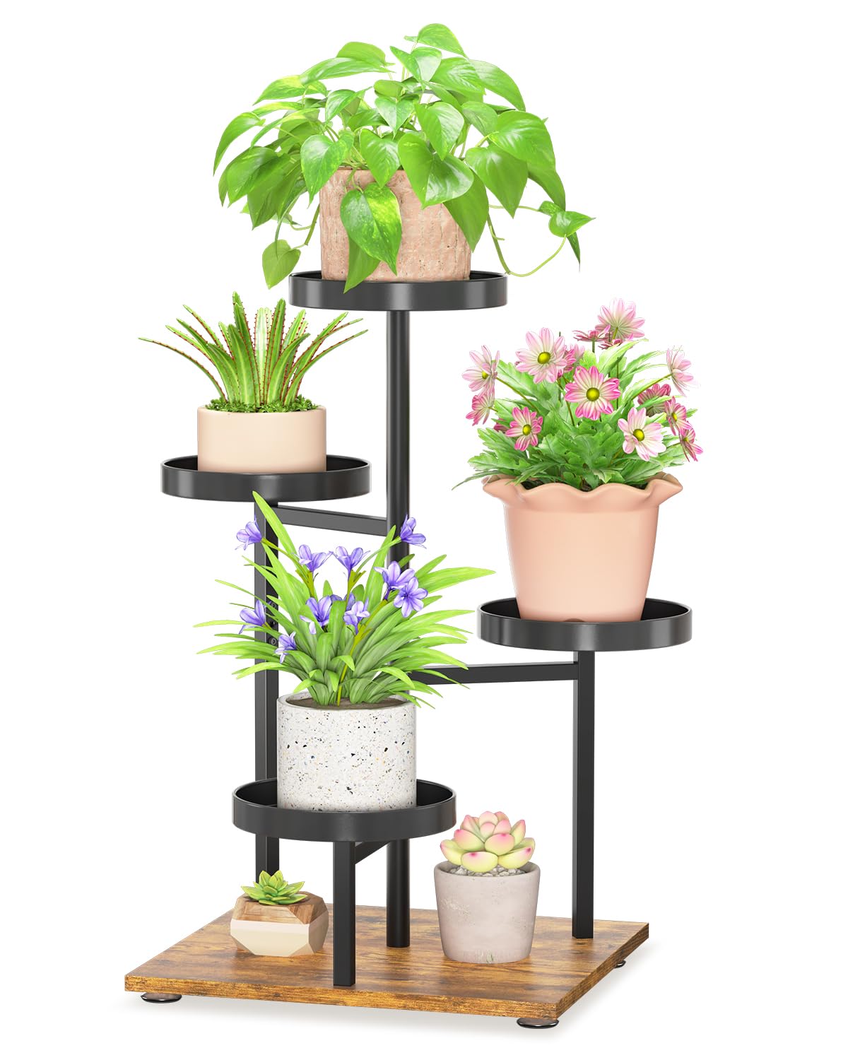 LASZOLA Black 4 Tier Plant Stand Indoor Heavy Duty Rack for Modern House Planter, Metal and Wooden Vertical Organizer Decor Narrow Bathroom Floor, Sturdy Multi Level Flower Holder Raised, Cat Proof