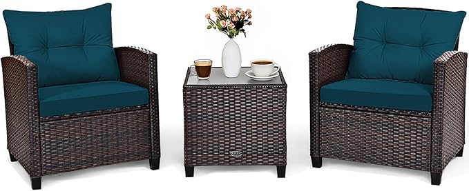 COSTWAY 3PCS Patio Furniture Set, PE Rattan Wicker Sofa w/Washable Cushion and