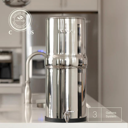 Boroux Legacy Gravity-Fed Countertop Stainless Steel Water Filter System | 3 Gallons with 2 Authentic Black Foundation. Filters