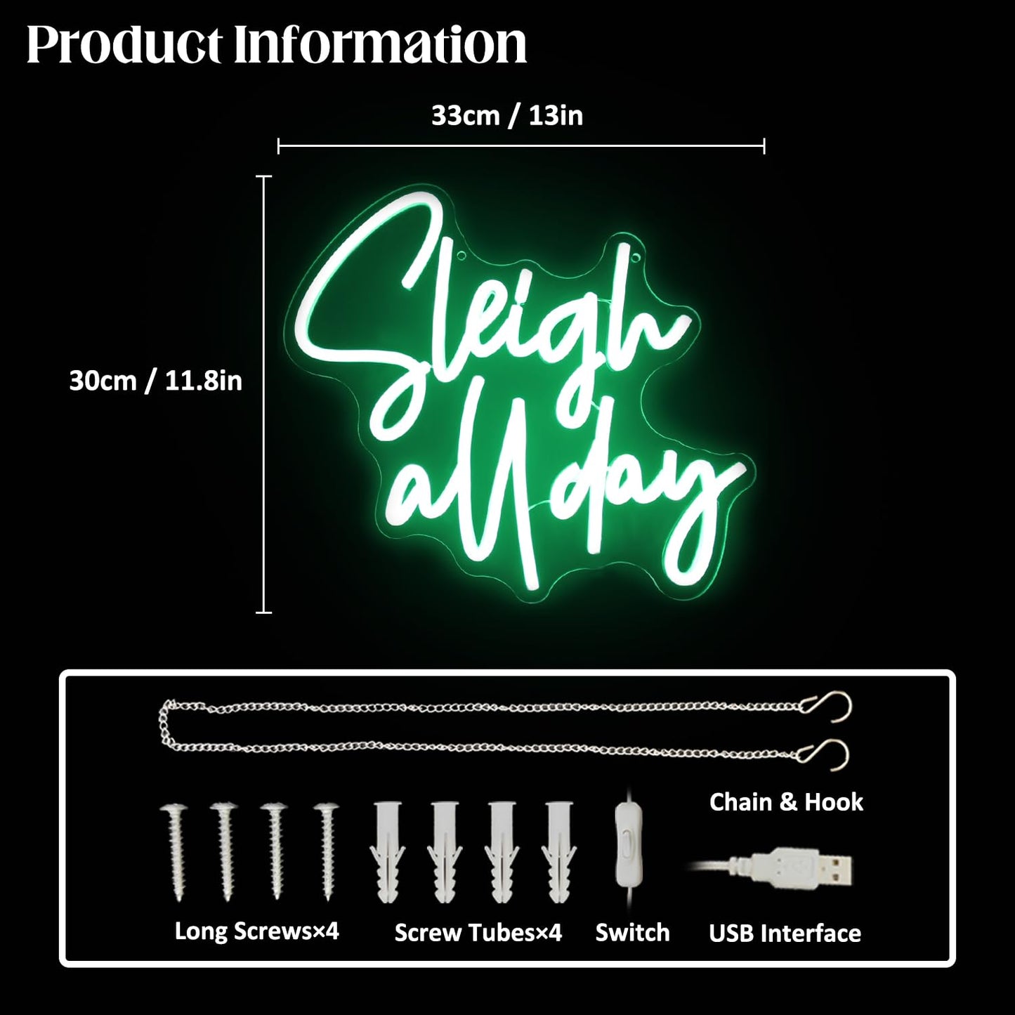 CKTBLEY Sleigh All Day Neon Lights Signs Christmas Neon Sign Green Letter LED Neon Lights for Wall Words Xmas Neon Light Up Sign for Bedroom Bar Man Cave Christmas Party Decor