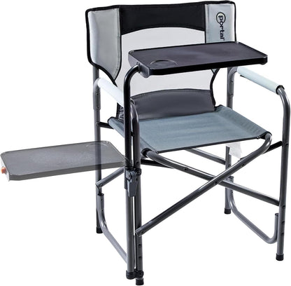 PORTAL Tablet Table Camping Directors Chair, Foldable Camp Chair with 2-Way Rotatable Side Table, Outdoor Folding Chairs for Adults, Heavy Duty Supports 300LBS for Lawn Patio Beach, Grey